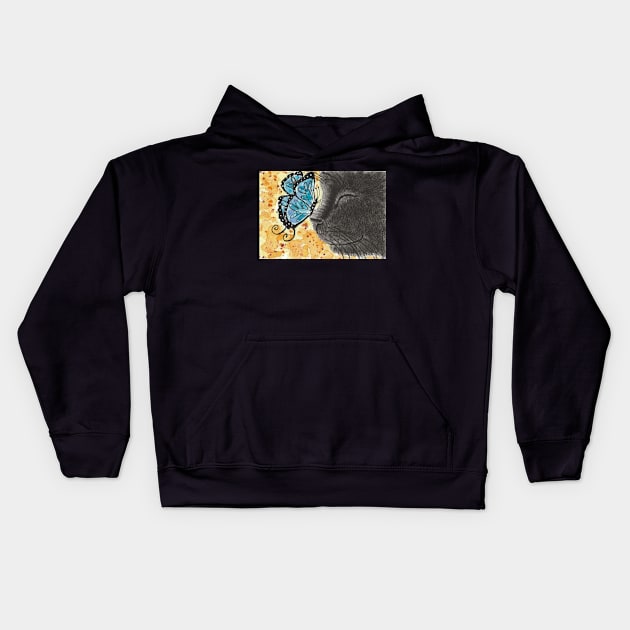 Black cat blue butterfly art Kids Hoodie by SamsArtworks